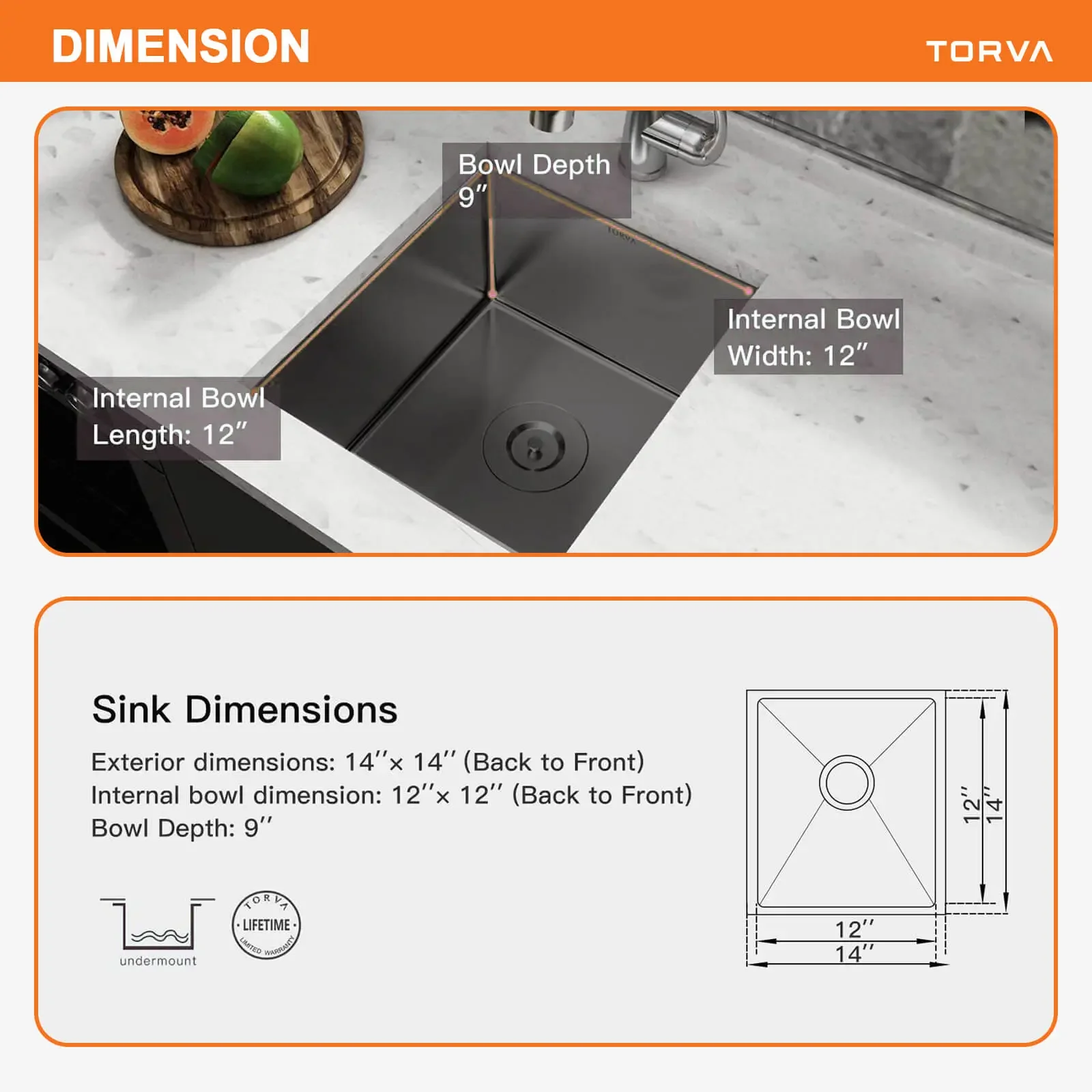 TORVA 14-inch Undermount Black Bar Prep RV Sink – 16 Gauge Stainless Steel